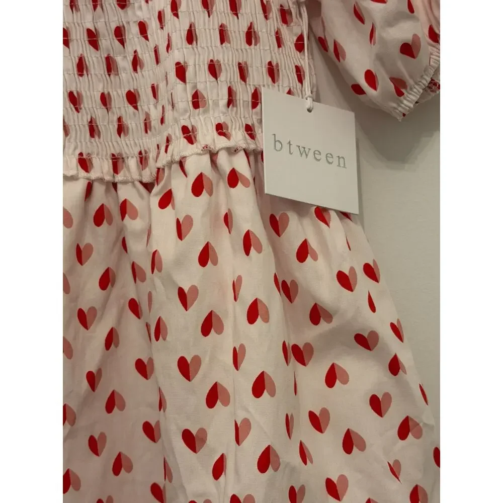Girls Red & White Smocked Heart Print Dress With Puff Sleeves Btween Size 6